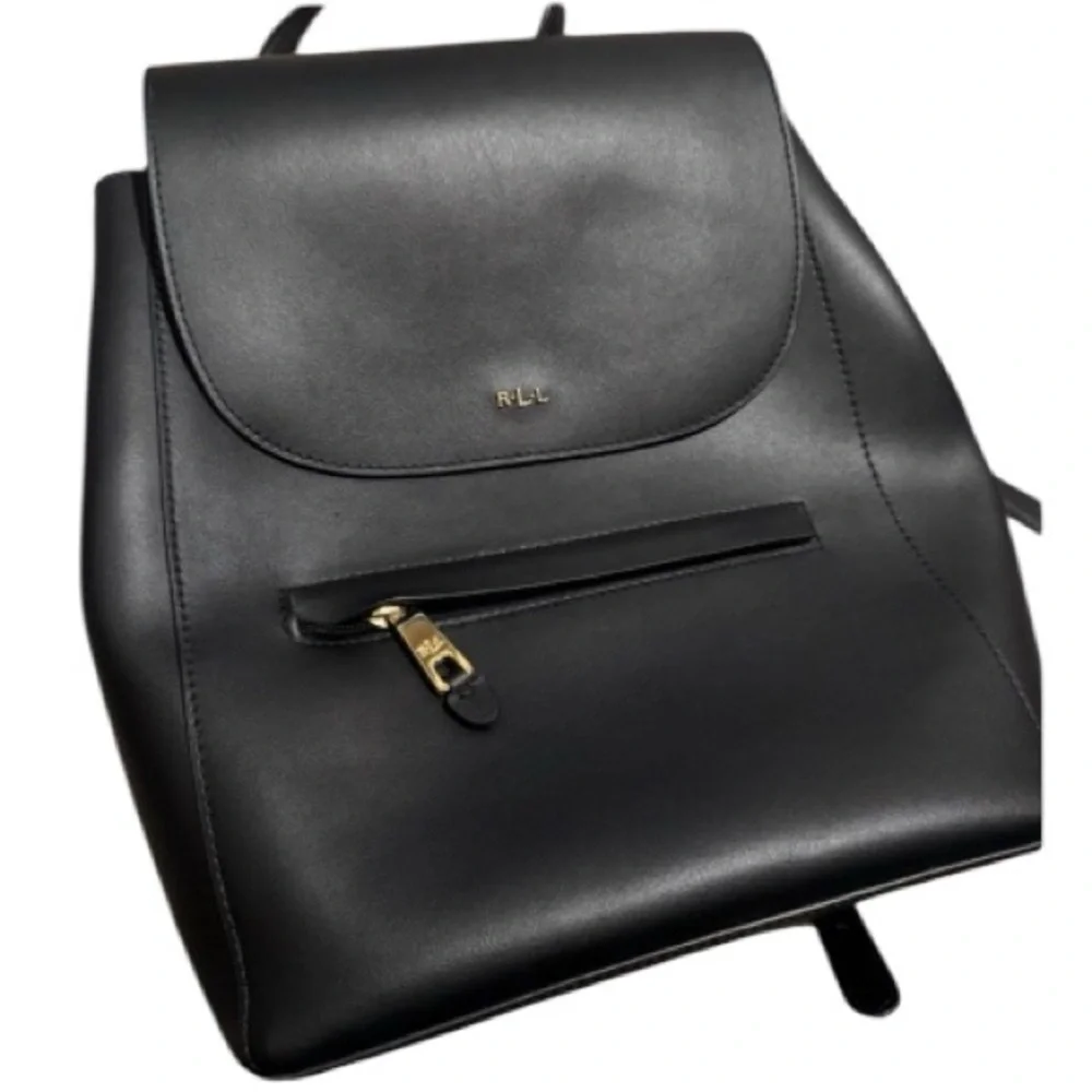 Lauren Ralph Lauren Dryden Black Leather Flap Backpack RLL Gold Logo Black NWOT